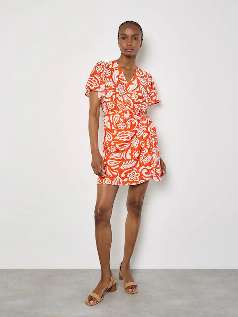 APRICOT-PRINT WRAP DRESS
