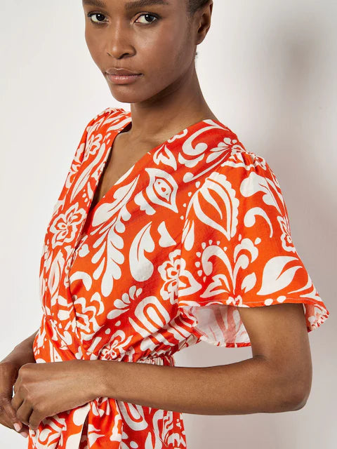 APRICOT-PRINT WRAP DRESS